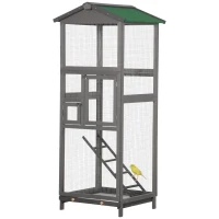 PawHut 65" Wooden Bird Cage Outdoor Aviary House for Parrot, Parakeet, with Pull Out Tray and 2 Doors, Grey(m-11)