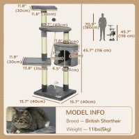 PawHut 46Inch Scratching Cat Tree, Multi Level Cat Tower for Large Cats Adult with Toys and Condo, Grey(m-3)