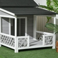 PawHut Wooden Dog House Outdoor with Porch, Cabin Style Raised Dog Shelter with Asphalt Roof, Doors, and Shutter Window, for Medium Large Sized Dog, Light Gray(m-8)