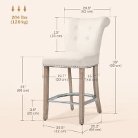 HOMCOM Bar Stools Set of 2, Upholstered Counter Height Stools with Button Tufted Back, Wood Legs and Footrest, Cream White(m-3)