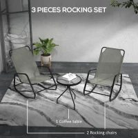 Outsunny Patio Rocking Chairs Set of 2, 3 Pieces Patio Bistro Set with Metal Frame, Breathable Mesh Fabric Seat for Garden, Deck, Grey(m-5)