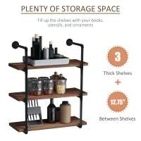 HOMCOM 3-Tier Industrial Pipe Shelves, Floating Wall Mounted Bookshelf, Metal Frame Display Rack for Living Room or Bedroom, Rustic Brown(m-4)