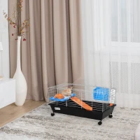 PawHut Small Animal Cage, Rolling Bunny Cage, Guinea Pig Cage with Food Dish, Water Bottle, Hay Feeder, Platform, Ramp, Black(m-8)