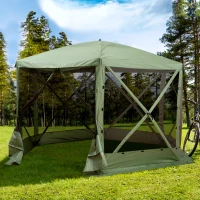 Outsunny 12' x 12' Hexagon Automatic Pop Up Screen Tents Camping Shelter Picnic Canopy Outdoor Sun Shade with Mesh Sidewalls and Carry Bag, Green(m-8)