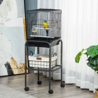 Pawhut 45-inch Metal Indoor Bird Cage, Parrot Cage, Bird Aviary with Detachable Rolling Stand, Storage Basket, and Accessories - Black(m-9)