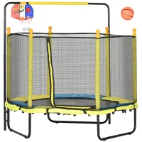 Qaba 4.6' Kids Trampoline with Basketball Hoop, Horizontal Bar, 55" Indoor Trampoline with Net, Small Springfree Trampoline Gifts for Kids Toys, Ages 3-10, Yellow(m-1)