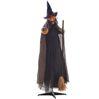 HOMCOM 6.2' Life Size Decoration Animatronic Witch w/ Broomstick Outdoor Halloween, Sound & Motion Activated w/ Light Up Eyes(m-2)