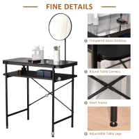 HOMCOM Modern Glasstop Vanity Table with Mirror,  Makeup Dressing Table with Rotating Round Mirror, Shelves for Perfumes, Cosmetics, Lotions, Black(m-6)