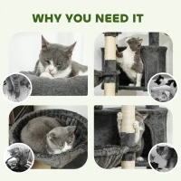 PawHut 52.5" Cat Tree Tower with Scratching Posts, Cat Condos, Bed, Platforms, Hammocks, for Indoor Cats, Dark Grey(m-6)