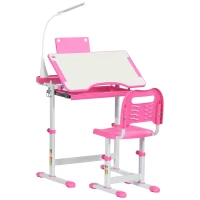 Qaba Kids Desk and Chair Set Height Adjustable Student Writing Desk Children School Study Table with Tilt Desktop, LED Lamp, Pen Box, Drawer, Reading Board, Cup Holder, Pink(m-11)