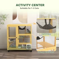 PawHut Cat Condo Wooden Indoor Cat House on Wheels with Cat Flap Door Platforms Hammock Openable Top for 2 Cats, Yellow(m-4)