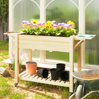 Outsunny Raised Garden Bed, Wood Planter Box with Lockable Wheels, Side Tables, Bottom Shelf, Bed Liner, Drain Holes, Natural(m-1)