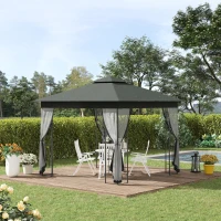 Outsunny 10'x10' Soft-top Steel Patio Gazebo Outdoor Sun Shelter with 2-Tier Polyester Roof, Curtain Sidewalls, Grey(m-1)