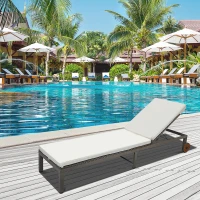 Outsunny Patio Rattan Sun Lounger with 4-Level Adjustable Backrest and Wheels, Wicker Chaise Lounge Chair with Cushion, for Patio, Deck, Poolside Cream White(m-1)