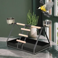 PawHut Portable Bird Play Perch Stand with Wooden Perch, Stainless Steel Feeding Bowls, & an Easy-Clean Tray, Black(m-2)
