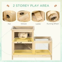 PawHut Wooden Hamster Cage, Mice Rodent Small Animals Kit Hutch, 2 Tiers Exercise Play House, with Sliding Tray, Ladder, Seesaw, Running Wheel, Openable Roofs, 31" x 16" x 23.5", Natural Wood(m-4)