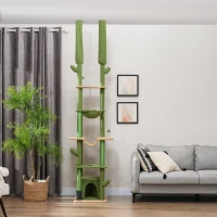 PawHut 89"-100" Floor to Ceiling Cat Tree, Cat Climbing Tower with Grooming Brush Post, Cat Condo, Hammock, Green(m-10)