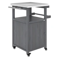 Outsunny Outdoor Grill Cart with Stainless Steel Top, Solid Wood Outdoor Kitchen Island with Wheels, Integrated Hole, Dark Gray(m-1)