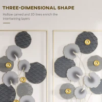 HOMCOM 3D Metal Wall Art Set of 2 Modern Lotus Leaves Hanging Wall Sculpture Home Decor for Living Room Bedroom Kitchen 20"x32"x2, Gray and Gold(m-4)