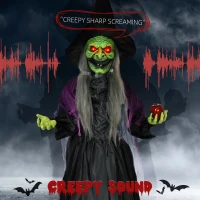 HOMCOM 5.9' Life Size Decoration Animatronic Old Witch Outdoor Halloween, Sound and Motion Activated w/ Light Up Eyes(m-4)