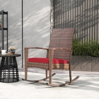Outsunny Outdoor PE Rattan Rocking Chair, Garden Glider Rocking Chair, Wicker Patio Chair Set with Armrest and Cushion, Wine Red