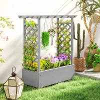 Outsunny Wooden Raised Garden Bed with Trellis, Outdoor Planter Box with Hanging Roof, Drainage Holes and Bed Liner(m-10)