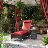 Outsunny Outdoor Lounger, Deck Lounge Chair with Headrest, 5-Level Adjustable, Backrest, Wheels, Deep Coffee and Wine Red(m-1)