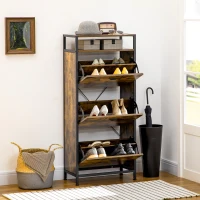 HOMCOM Industrial 12 Pair Shoe Storage Cabinet with 3 Flip Drawers and Open Shelf, Shoe Storage Organizer Rustic Brown(m-7)