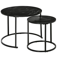 HOMCOM Round Nesting Coffee Table Set of 2, Stacking Modern Accent Tables with Faux Marble Tabletop and Metal Frame for Living Room, Black(m-2)