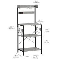 HOMCOM Kitchen Baker's Rack with Power Outlet, Coffee Bar Station with Adjustable Shelves and Hooks, Distressed Grey(m-3)