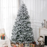 HOMCOM 7 Foot Artificial Flocked Christmas Tree with Snow, Metal Stand, Hinged Xmas Tree for Home Office Holiday(m-8)