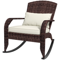 Outsunny Adirondack Chair, Outdoor Wicker Rocking Chair with High Back, Seat Cushion, and Pillow for Porch, Balcony, Cream White