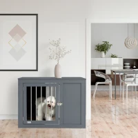 PawHut Dog Crate Furniture Wire Pet Cage Wooden Dog Kennel, End Table with Double Doors, and Locks, for Medium and Large Dog House Indoor Use, Gray(m-2)