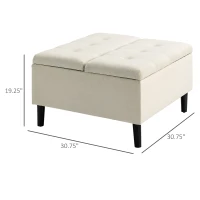 HOMCOM 30" Square Storage Ottoman, Upholstered Ottoman Coffee Table with Lift Top, Button Tufted and Wood Legs, Accent Footstool for Living Room, Cream White(m-3)