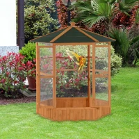 PawHut 69" Wooden Hexagonal Outdoor Aviary Flight Bird Cage With Covered Roof, Brown(m-10)