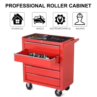 HOMCOM 5 Drawer Roller Tool Chest, Mobile Lockable Toolbox, Storage Organizer with Handle for Workshop Mechanics Garage, Red(m-6)
