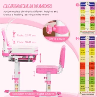 Qaba Kids Desk and Chair Set Height Adjustable Student Writing Desk Children School Study Table with Tilt Desktop, LED Lamp, Pen Box, Drawer, Reading Board, Cup Holder, Pink(m-4)