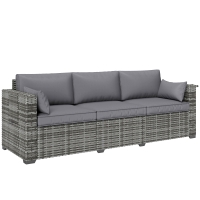 Outsunny 3 Seater Wicker Sofa with Side Trays, Outdoor Patio Couch with 6" Thick Back Cushions, Deep Seating, Mixed Gray