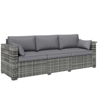 Outsunny 3 Seater Wicker Sofa with Side Trays, Outdoor Patio Couch with 6" Thick Back Cushions, Deep Seating, Mixed Gray(m-1)