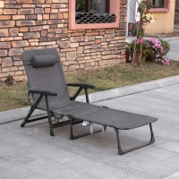 Outsunny Outdoor Folding Lounge Chaise Chair, Pool Chair with Adjustable Backrest, Pillow and Cup Holder for Poolside, Deck, Lawn, Gray(m-2)