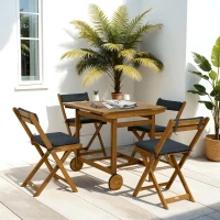 Outsunny 5 Pieces Wood Patio Dining Set, Wheeled Patio Table and Folding Chairs with Cushions for Garden Backyard Poolside, Teak(m-1)