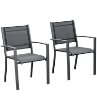 Outsunny Set of 2 Garden Chairs, Stackable Patio Dining Chairs with Mesh Seat, Steel Frame for Outdoor, Backyard, Dark Grey(m-11)