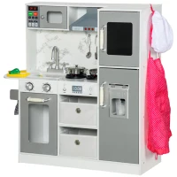 Qaba Play Kitchen Set for Kids W/ Lights Sounds, Apron and Chef Hat, White(m-1)