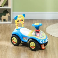 Qaba Foot to Floor Toddler Push Car w/ Horn, Light, Music, Anti-Over-Backwards Device & Underseat Storage, Blue(m-10)