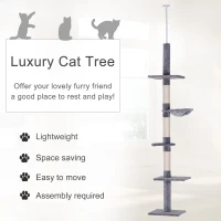 PawHut 102" Adjustable Height Floor to Ceiling Cat Tree, 5 Level Cat Tower with Scratching Posts, Hammock, Gray(m-4)