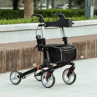 HOMCOM Lightweight Folding Rolling Walker with Large Seat, Back, Adjustable Handle, Bag, Dual Brake, Cane Holder, Black(m-8)