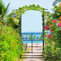 Outsunny 7' Metal Garden Arbor Arch with Lucky Leaf Clover Doors for Ceremony, Weddings, Party, Backyard and Lawn(m-2)
