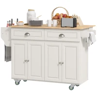 HOMCOM Rolling Kitchen Island Cart with Drop Leaf, Kitchen Cart on Wheels with Wood Top, 2 Drawers and 2 Storage Cabinets, Island Table for Kitchen, Dining Room, Cream White(m-1)