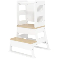 Qaba 2 in 1 Toddler Tower Kitchen Helper w/ Chalkboard, Safety Rail, for Counter, Bathroom, Sink, Kitchen, White(m-2)