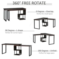 HOMCOM 55" 360 Degree Rotating Corner L-Shaped Computer Desk with Storage Shelves, Home Office Study Writing Workstation Modern Space-Saving Design, Coffee(m-6)